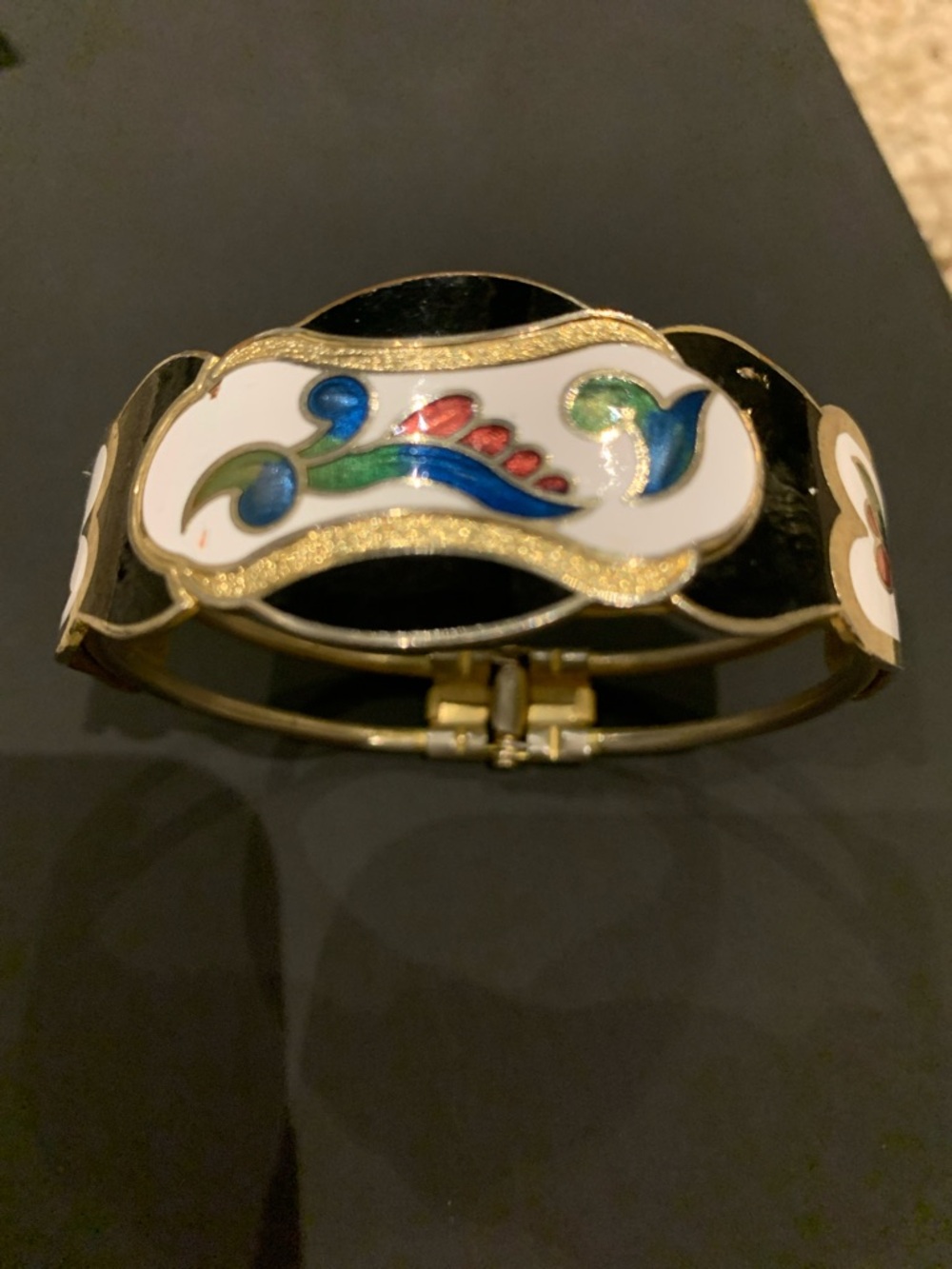 Gold-Tone Black Enamel Floral Motif Bangle Bracelet